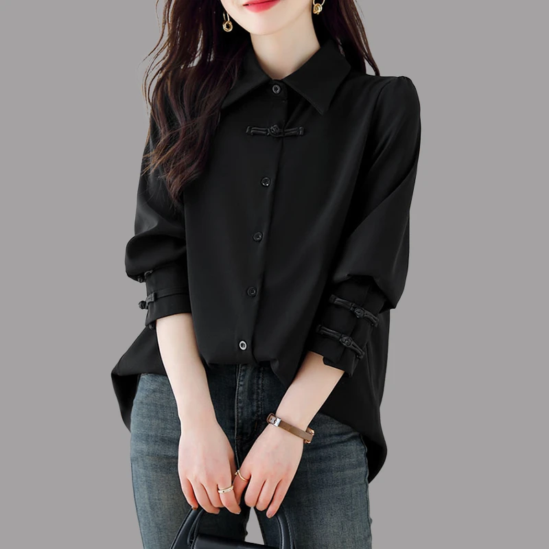 新中式国风黑色衬衫女秋季2025新款宽松大码气质休闲复古盘扣上衣