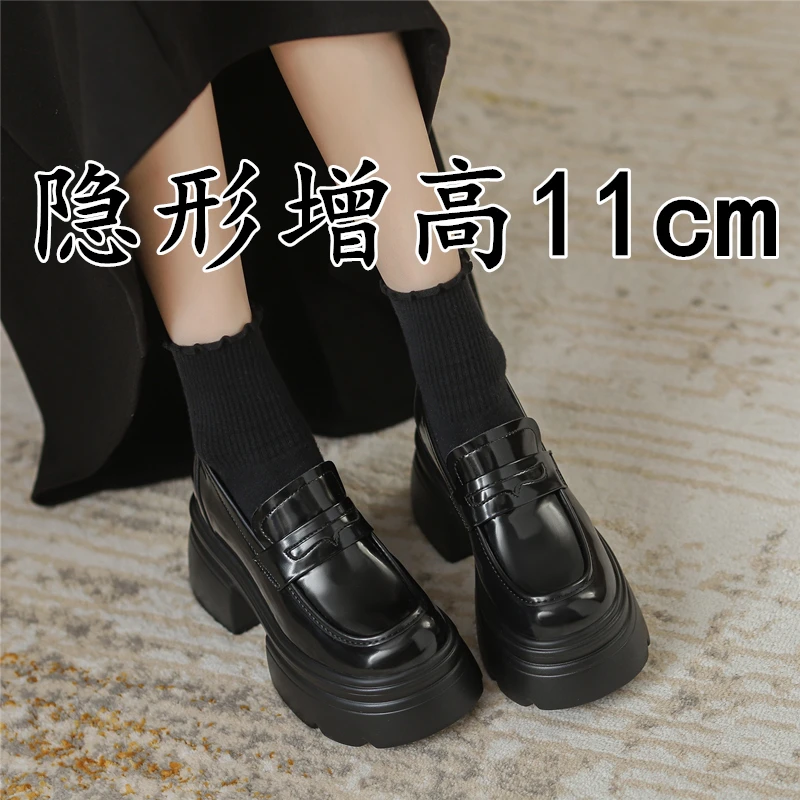 真皮小个子内增高英伦风小皮鞋女秋季新款一脚蹬JK单鞋高跟乐福鞋