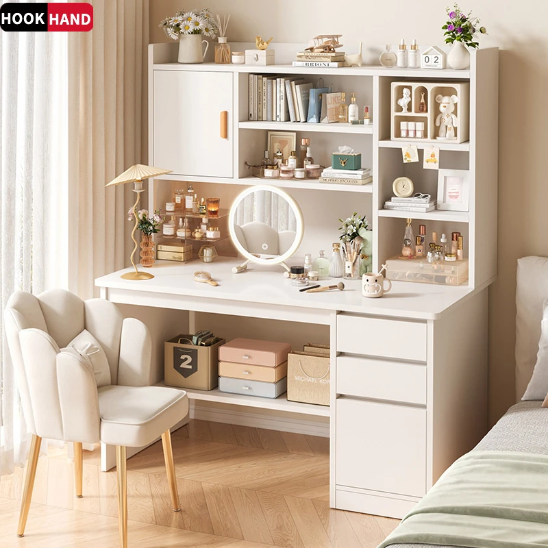 梳妆台简约女生卧室奶油INS风大容量收纳化妆桌学生书架一体书桌