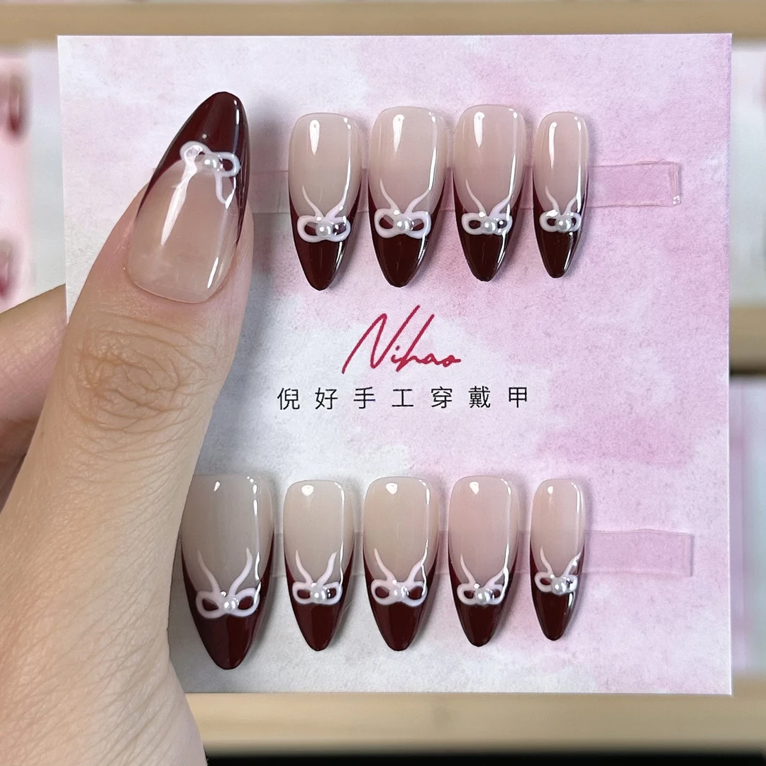 Nihao家手绘蝴蝶结法式纯手工穿戴甲【no退no换】