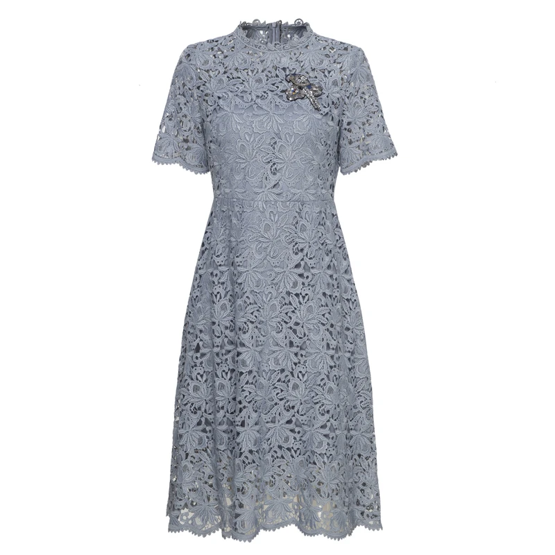 清仓  轻奢2024夏季新款短袖收腰重工水溶绣蕾丝法式修身连衣裙女