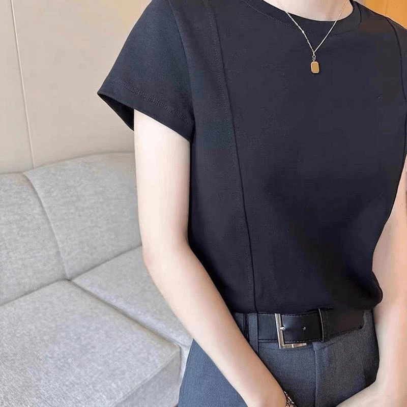 白色正肩圆领短袖女恤夏季2024新款设计感小众休闲百搭上衣潮