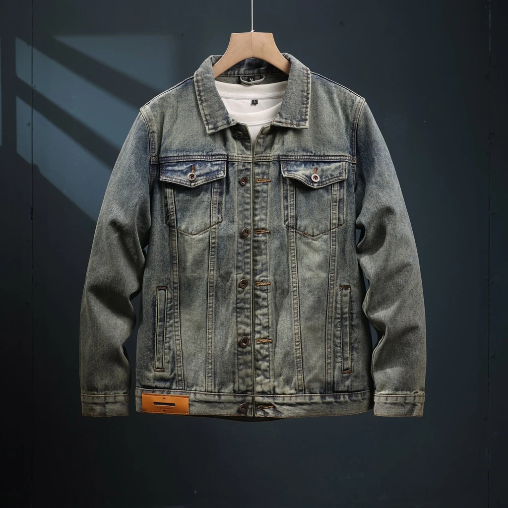 2024复古色高端牛仔夹克男秋季新款潮牌韩版修身百搭男士牛仔外套