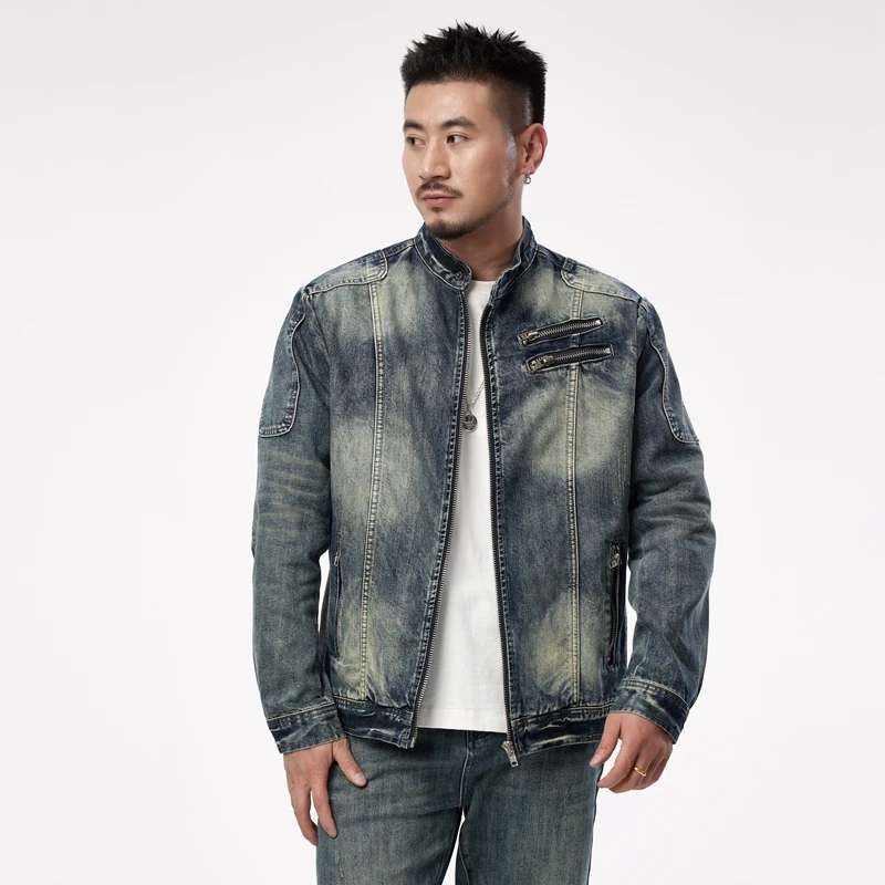 2023潮流立领牛仔夹克男时尚拉链机车外套男重磅水洗复古长袖上衣