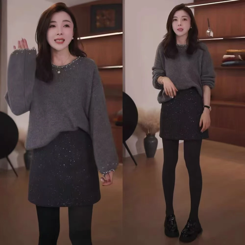 【珍珠领与袖】新款韩系设计感珠珠针织套头毛衣 1512