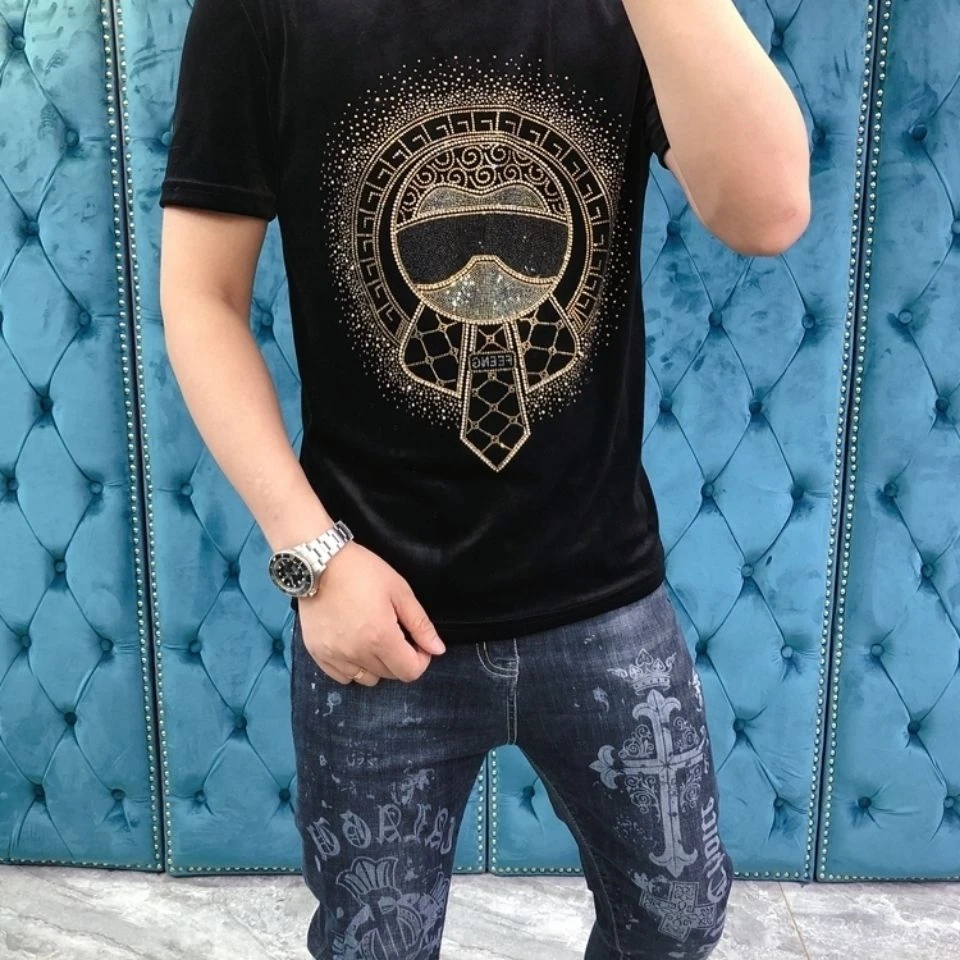 男士冬季新品欧版精神烫钻潮男半袖修身商务打底季金丝绒男t恤