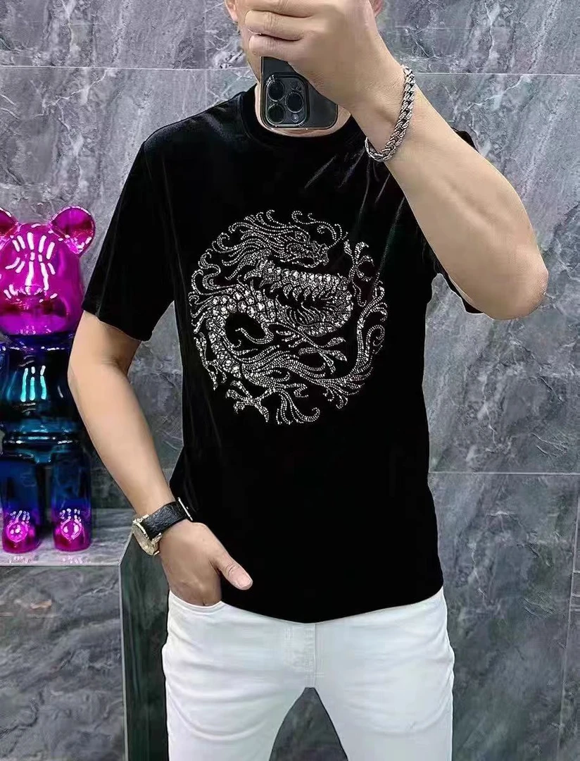 男士冬季轻奢欧版个性烫钻潮男半袖圆领商务打底金丝绒修身t恤