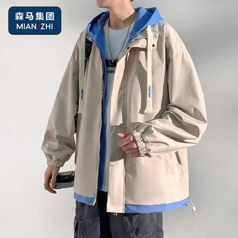 棉致假两件外套男士春秋季ins港风宽松百搭新款休闲连帽学生夹克