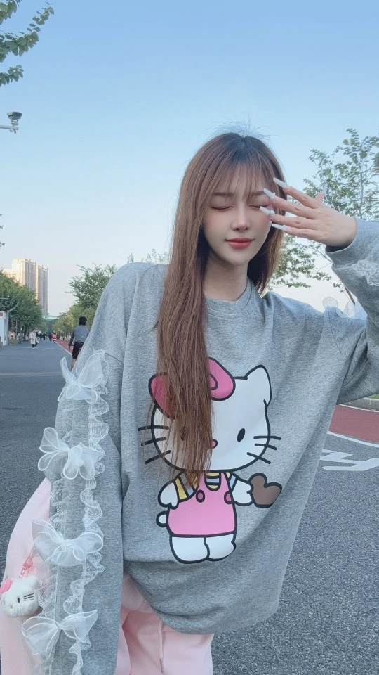 秋冬韩版时尚百搭kitty蕾丝花边蝴蝶结宽松T