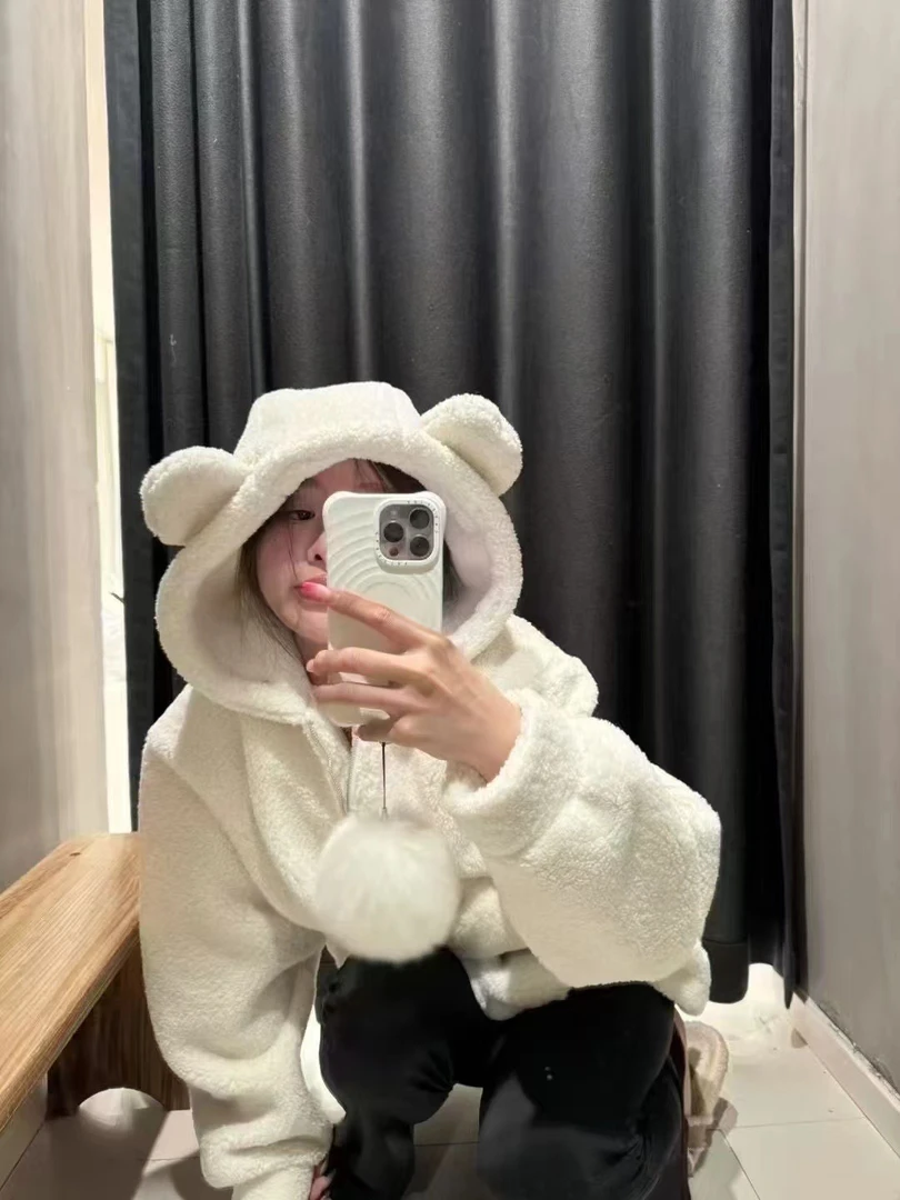 韩版秋冬宽松时尚百搭ins羊羔毛熊耳朵加厚外套