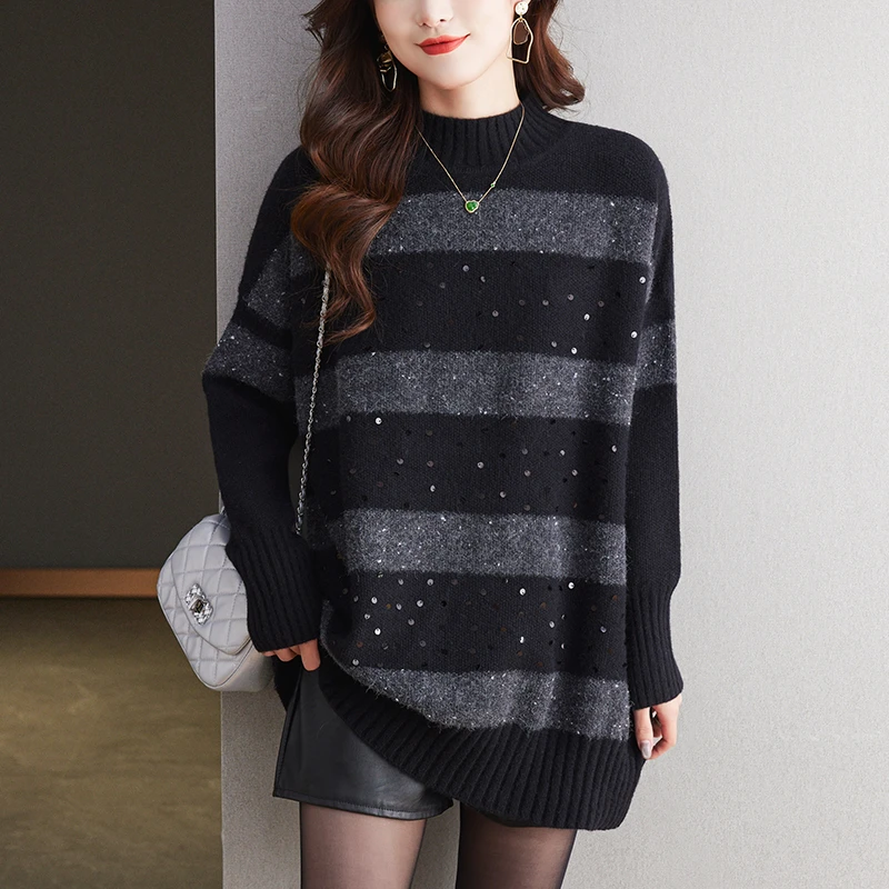 中长款毛衣女士宽松大码胖mm遮肚上衣藏肉内搭洋气时尚针织打底衫