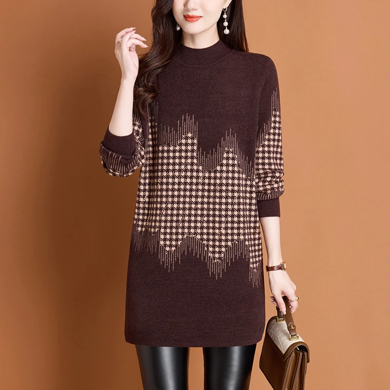 烫钻上衣遮肚子大码女装中老年妈妈冬装毛衣中长款洋气时尚打底衫