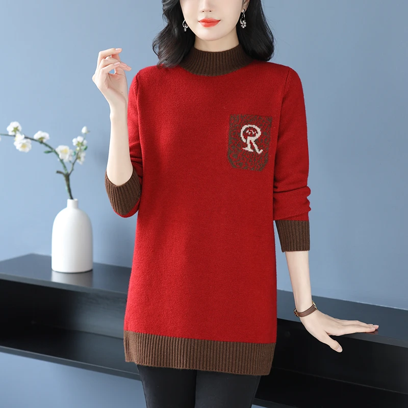 中年女士毛衣秋冬中长款大码显瘦遮肚子上衣洋气百搭妈妈打底衫冬