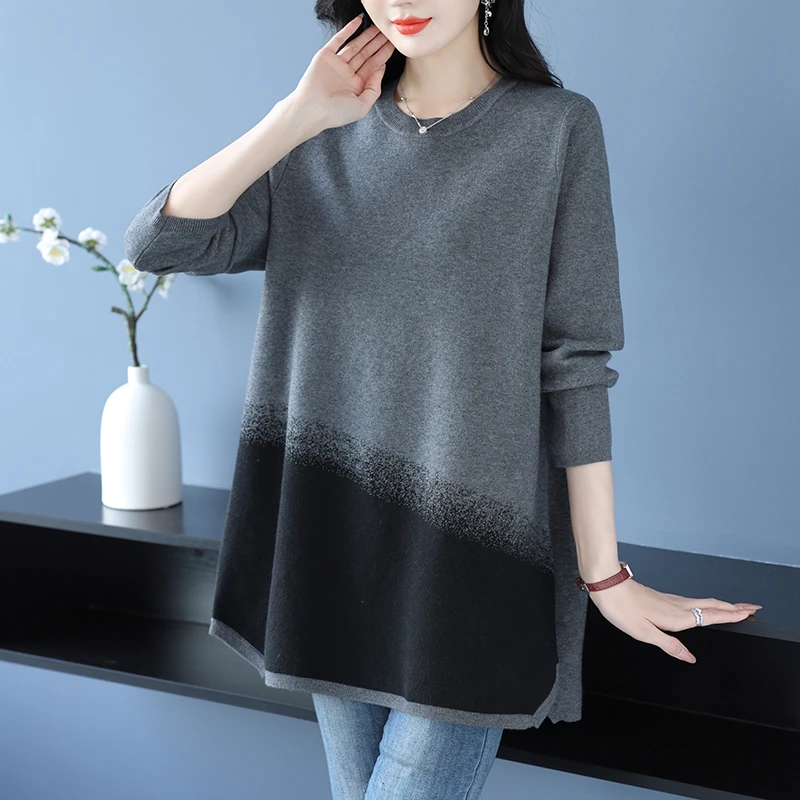 加肥加大码毛衣女秋冬长款遮屁股上衣显瘦藏肉洋气撞色打底针织衫