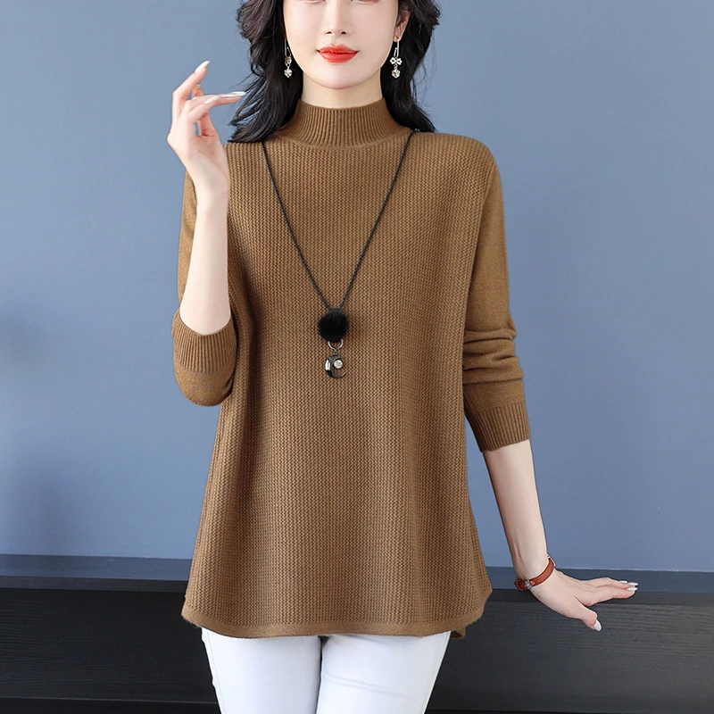 百搭洋气女士毛衣2025秋冬新款中长款针织打底衫大码遮肚显瘦上衣