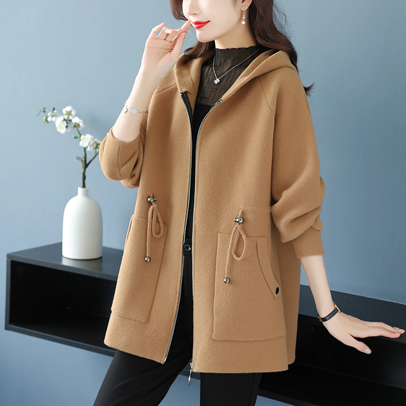 春秋连帽毛呢外套女2025新款200斤大码女装妈妈装洋气大衣中长款
