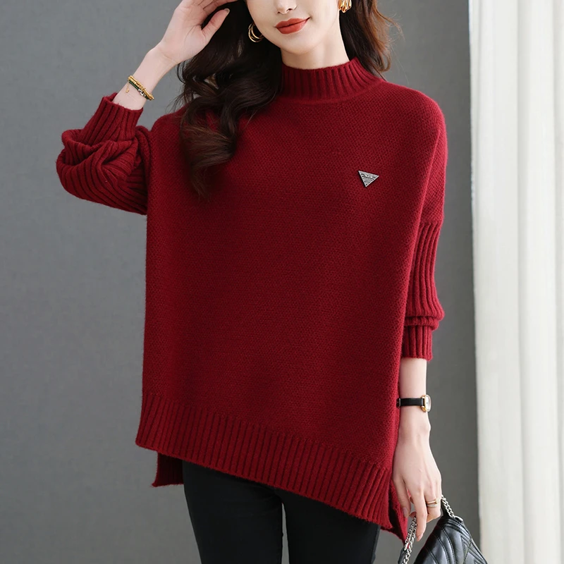 前短后长上衣女秋冬中长款遮屁股毛衣2025年新款半高领打底衫大码