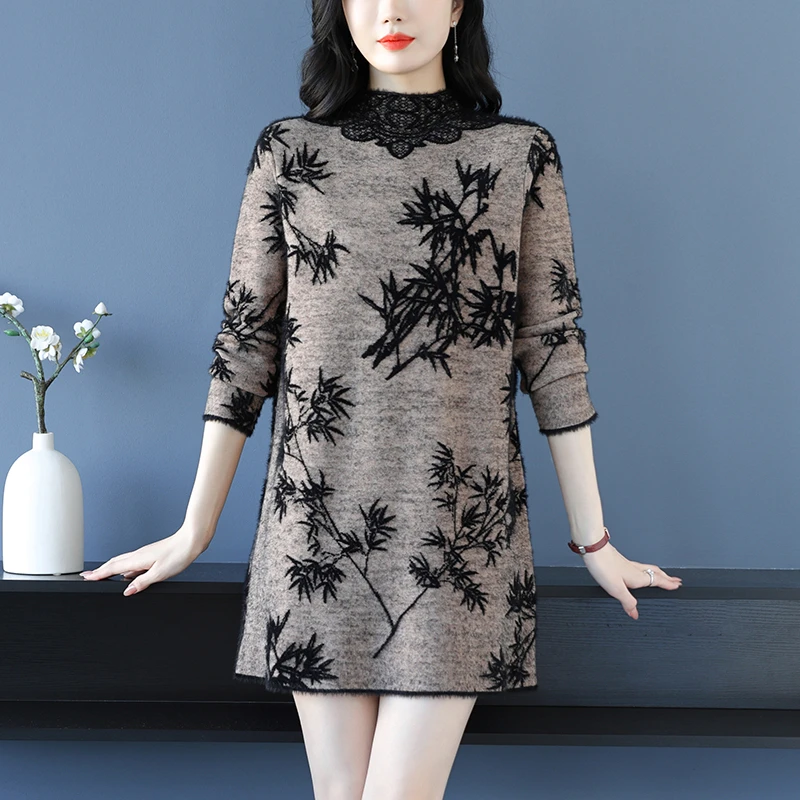 国风复古毛衣女秋冬中长款针织连衣裙内搭洋气妈妈打底衫显瘦大码