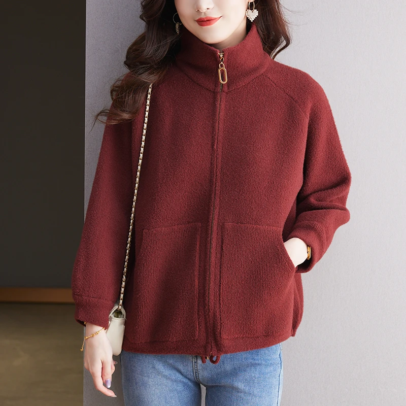 拉链立领外套女秋冬加厚2025年新款爆款时髦时尚洋气毛呢开衫大码