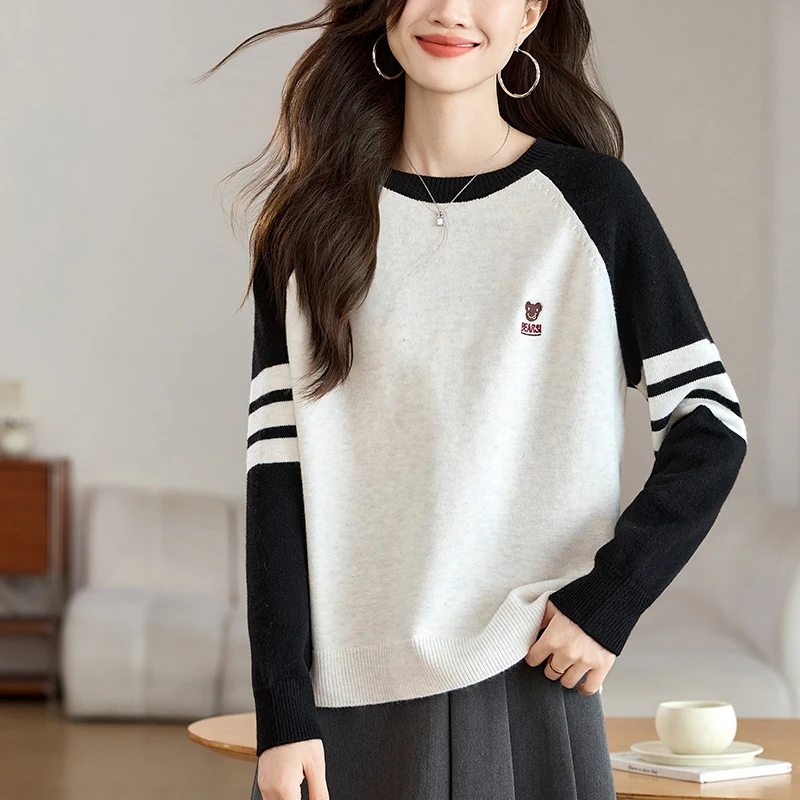 上衣大码胖mm显瘦遮肚子打底衫秋冬内搭洋气时髦撞色女士新款毛衣