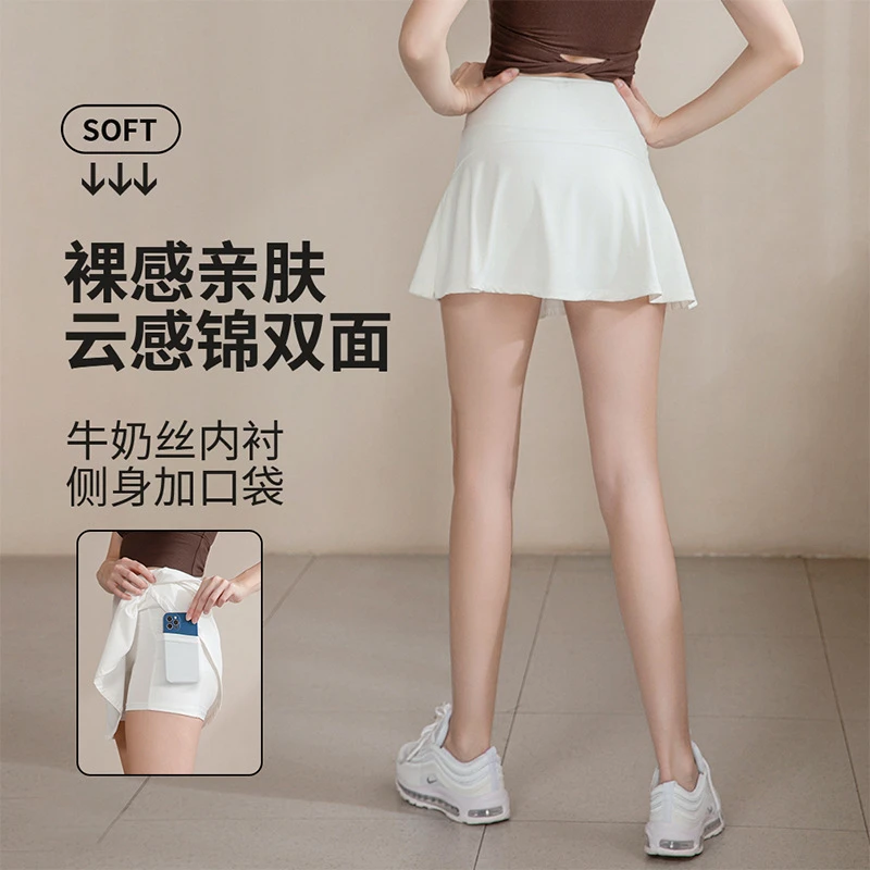 弹力高腰假两件防走光 A字裙春夏跨境热销跑步健身瑜伽带口袋短裙