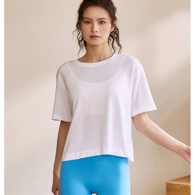 8921-舒适云感短袖T恤花瓣针织透气吸湿排汗运动短款宽松瑜伽