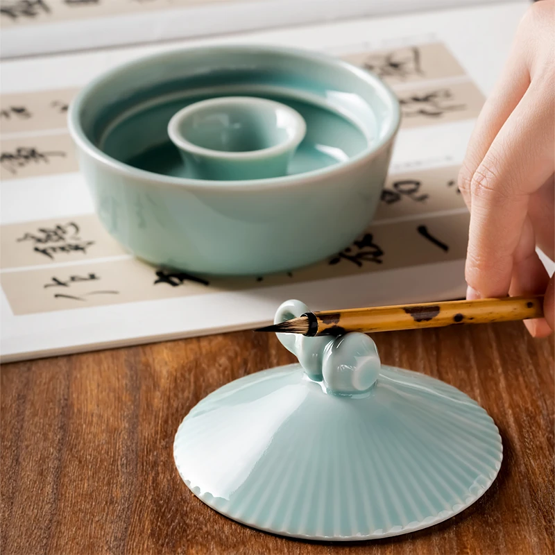 双圈斗笠陶瓷火锅砚带盖不干墨练书法文房四宝墨盒火锅砚台墨汁