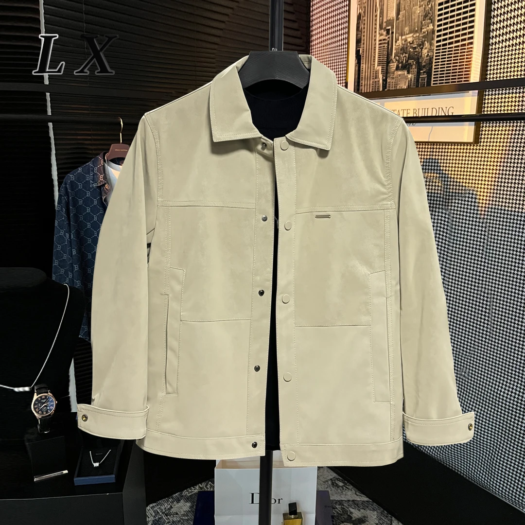 【LX男装】原创高级感修身翻领夹克男 穿搭皮衣外套韩版百搭春秋季