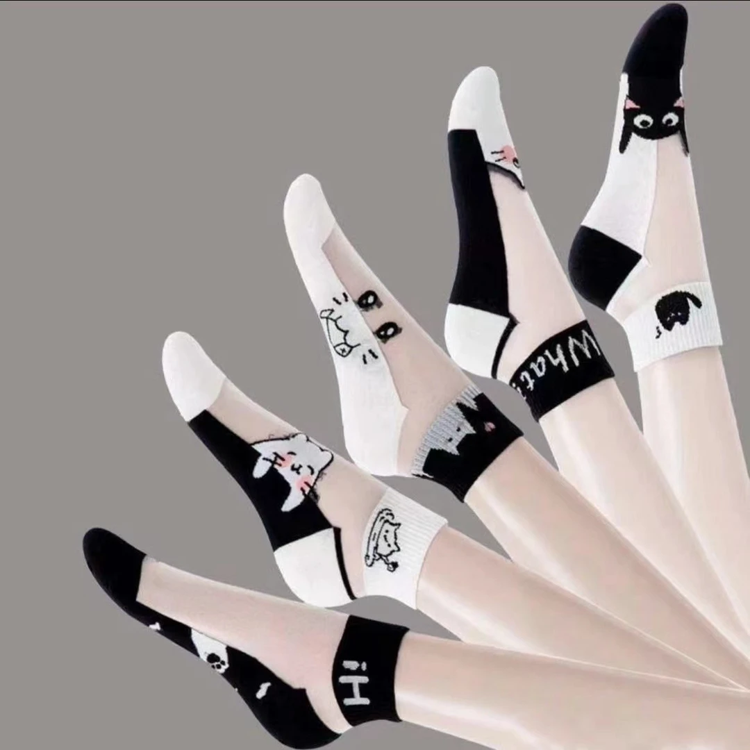 玻璃丝袜子女袜水晶袜黑色猫咪可爱女士透气袜玻璃丝袜子短筒短袜