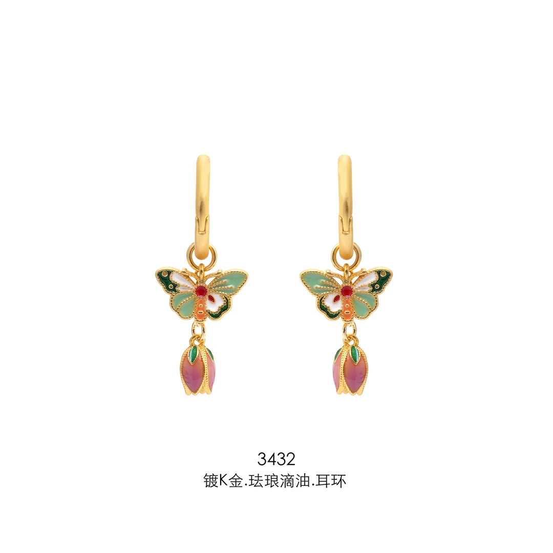 铜合金珐琅耳饰 3432女士古风设计师素款百搭可爱耳环