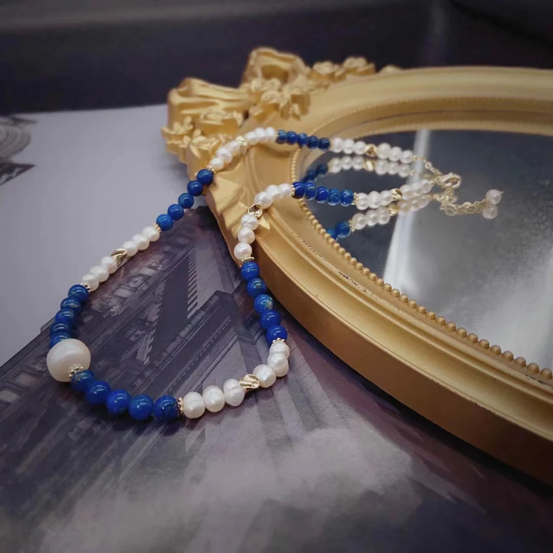 铜合金项链 《货号7508》时尚气质蓝色拼接珠珠项链（链长：41+7cm）