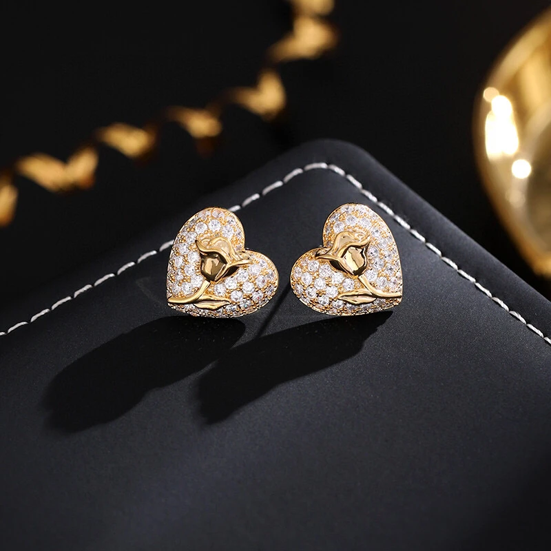 铜合金耳饰 《货号7016》法式小香风甜美玫瑰花桃心耳钉