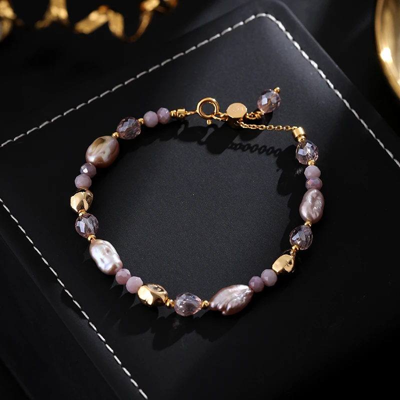 铜合金手链 《货号7580》复古优雅粉紫色串珠手链（链长：20cm）