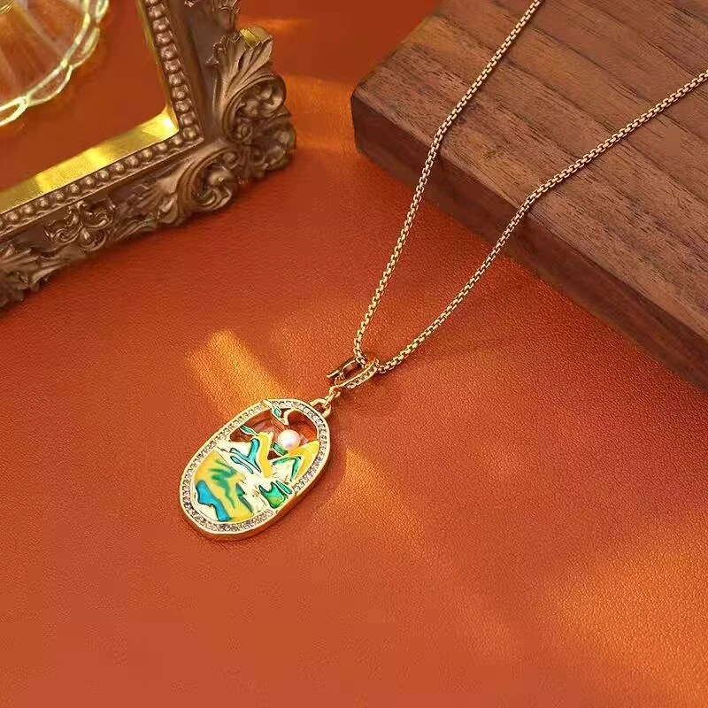 铜合金项链 《货号7593》落日黄昏油画项链（项链：46+5cm）