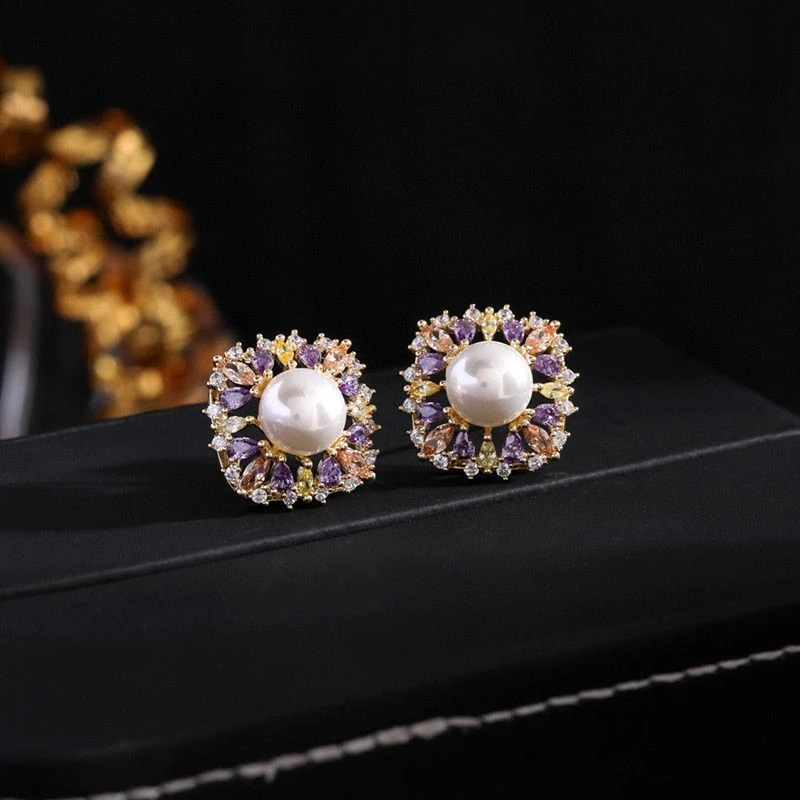 铜合金耳饰 《货号1338》彩色锆石镂空耳环