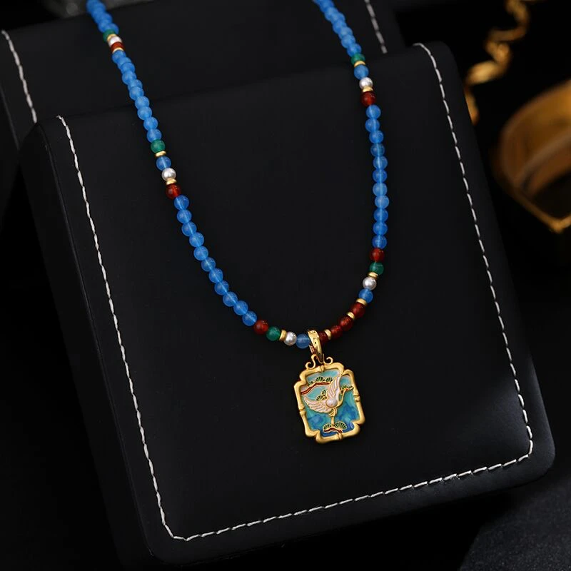 铜合金项链 《货号7746》仙鹤油画蓝色串珠项链（链长：41+6cm