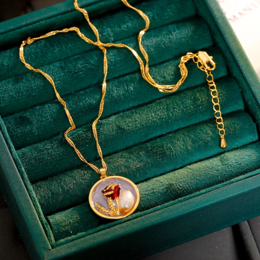 铜合金项链 《货号7718》油画花朵吊坠项链（链长：42+5cm）