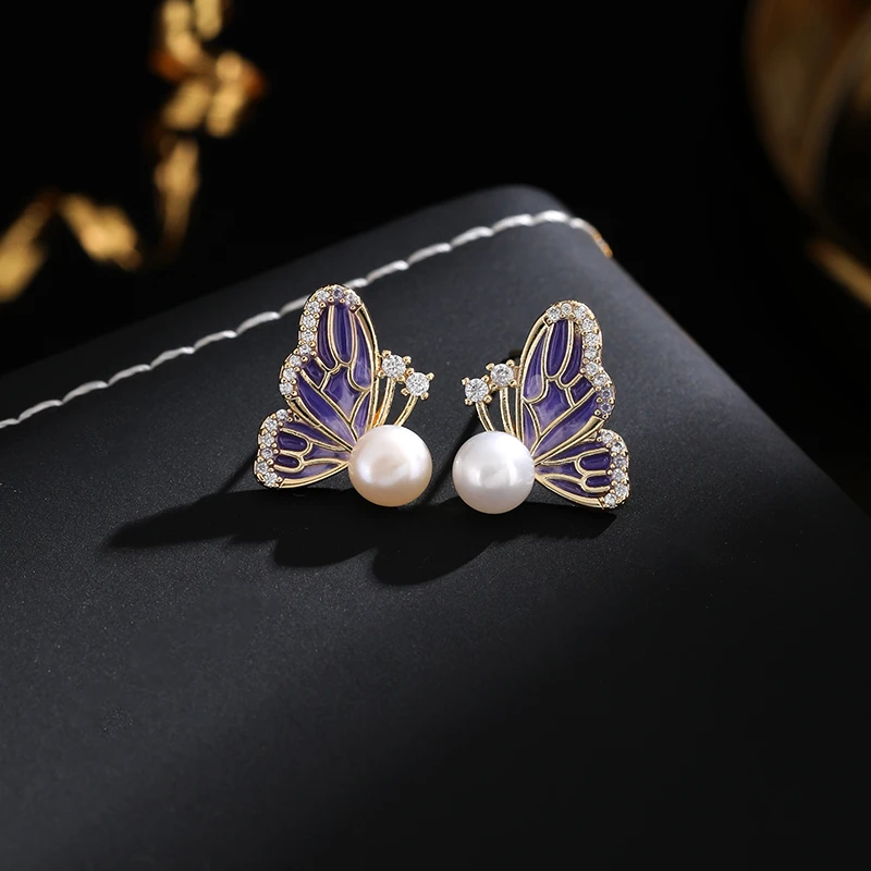 铜合金耳饰 《货号7609》优雅气质紫色蝴蝶耳钉