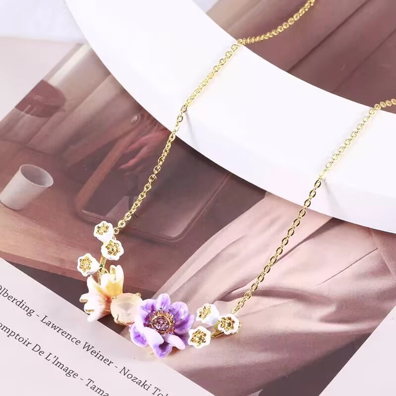 铜合金项链 《货号8490》珐琅手绘彩田园风紫莲花项链(l链长40+6CM)