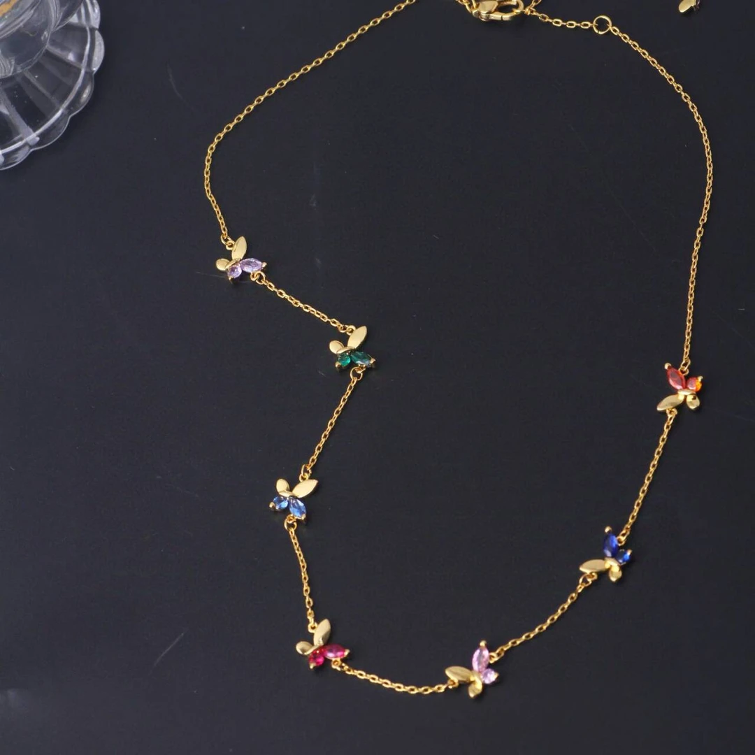 铜合金项链 《货号8136》清新甜美彩色蝴蝶项链（链长：42+7cm）