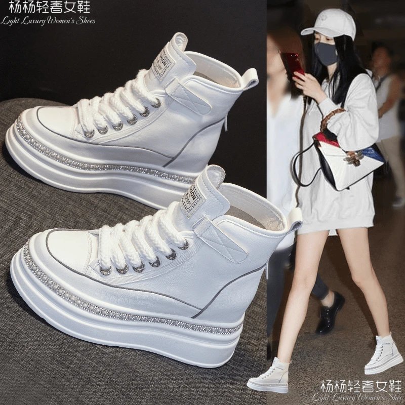 万达撤柜头层牛皮8公分高帮鞋女内增高厚底小个子小白鞋秋冬高腰i