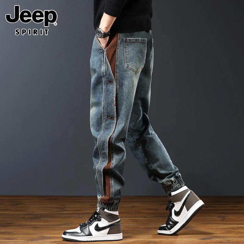 Jeep吉普重磅新款拼接工装裤男士秋季潮牌宽松休闲束脚牛仔裤子男