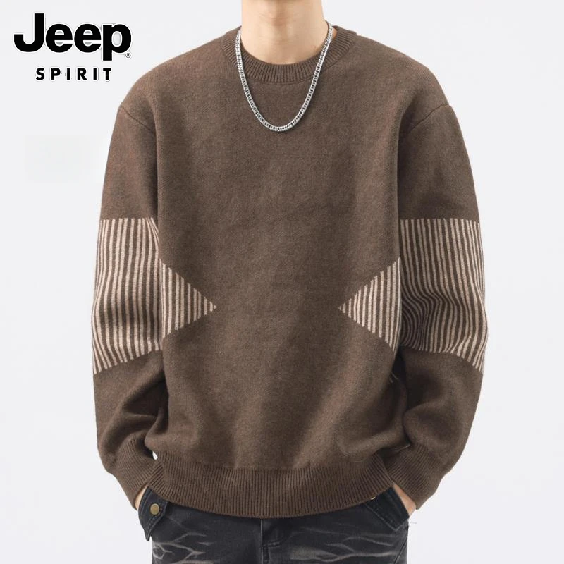 Jeep吉普复古毛衣男秋冬季宽松休闲圆领毛线衣潮牌拼色套头针织衫