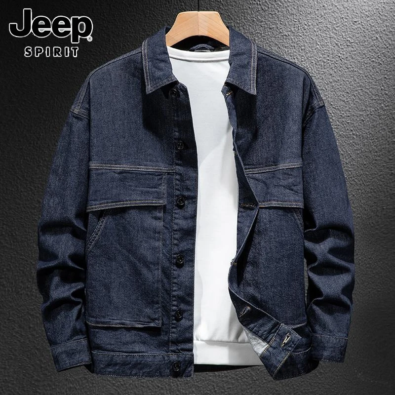 Jeep吉普深蓝色牛仔外套男春秋新款宽松大码工装夹克潮牌加绒衣服