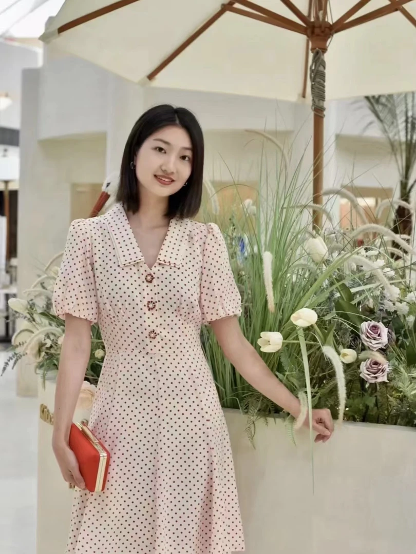 【法式浪漫】复古钻扣减龄浪漫波点桑蚕丝连衣裙微瑕