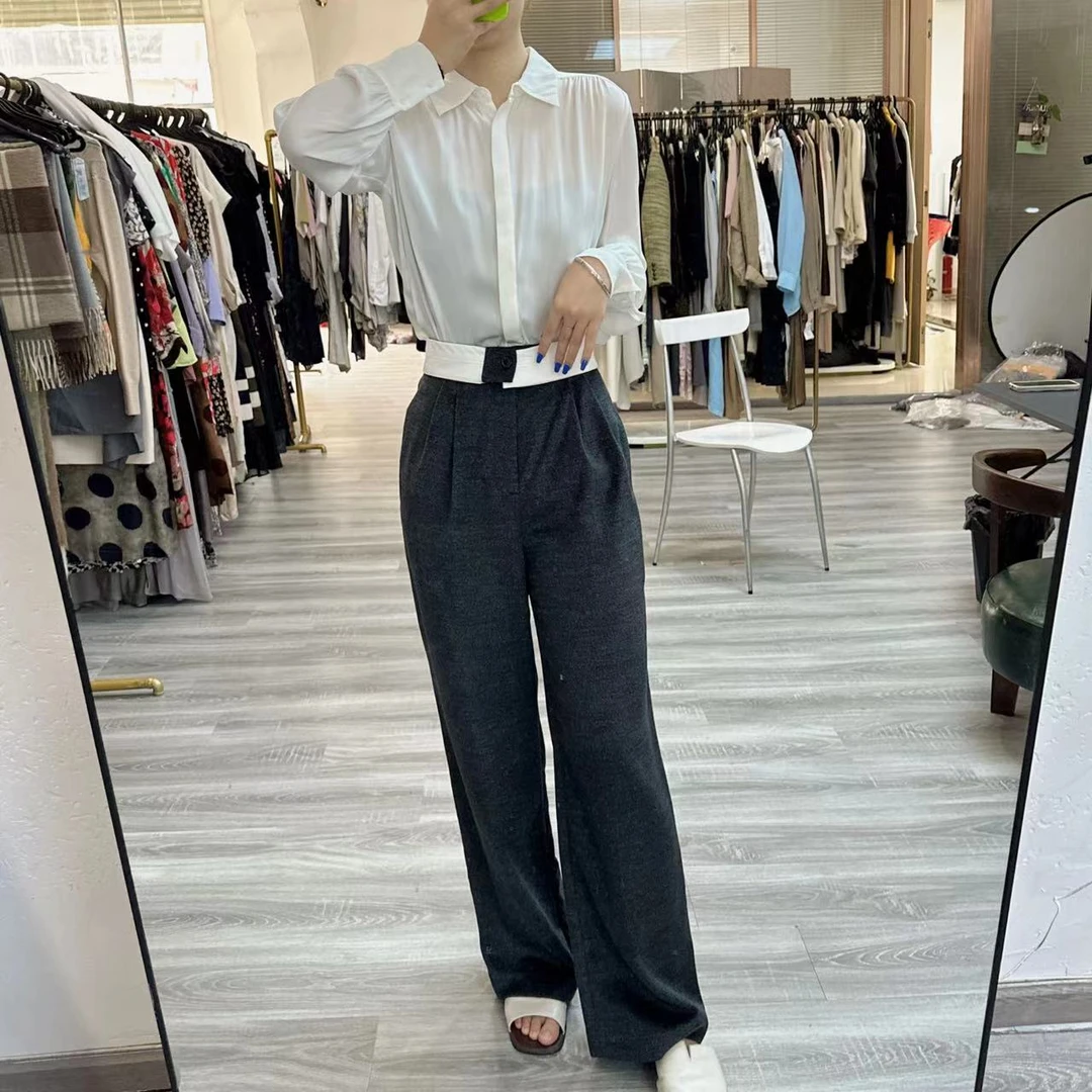 【设计感】中高腰撞色黑色休闲裤微瑕