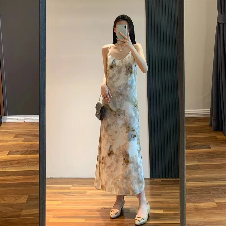 【法式风情】嫩巴黎泼染油画印花U领吊带连衣裙