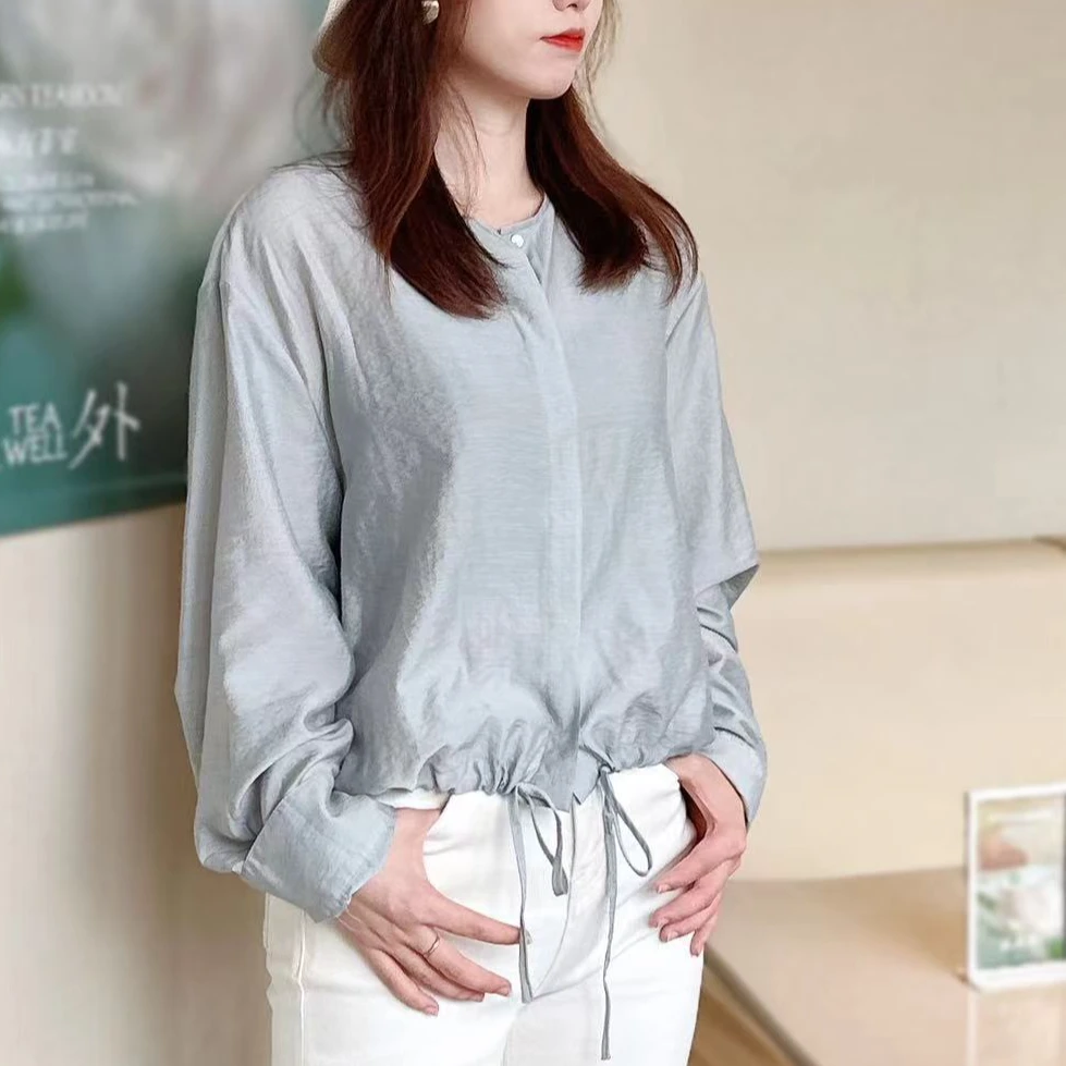 夏季薄款休闲简约长袖抽绳衬衫