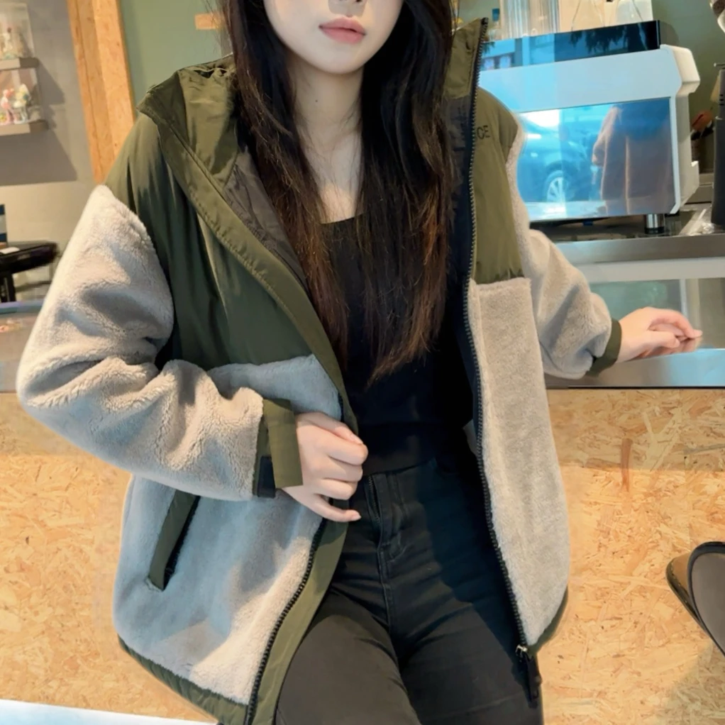 冬季新款国潮风羊毛工装拼接保暖外套女