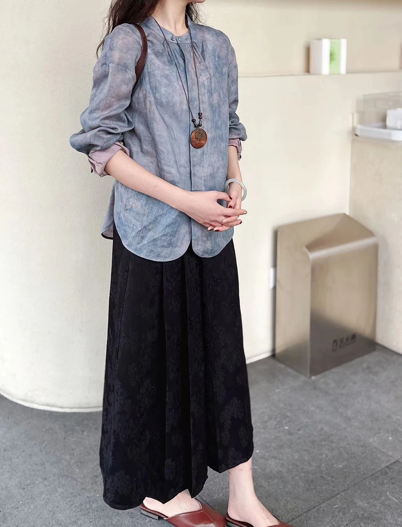 【文艺复古】做旧晕染蓝色苎麻宽松压褶圆领衬衫